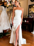 Sheath/Column White Strapless Wedding Dress Cheap Satin Bridal Gowns TKL3039|Selinadress