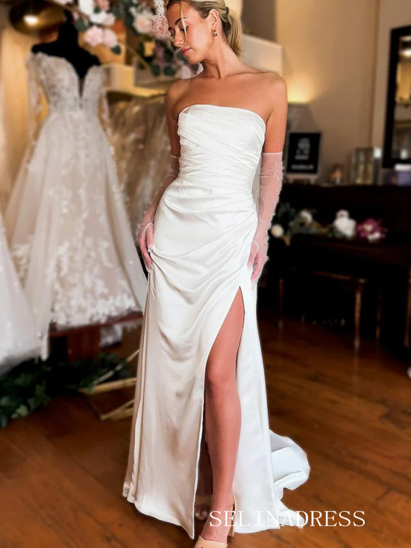 Sheath/Column White Strapless Wedding Dress Cheap Satin Bridal Gowns TKL3039|Selinadress