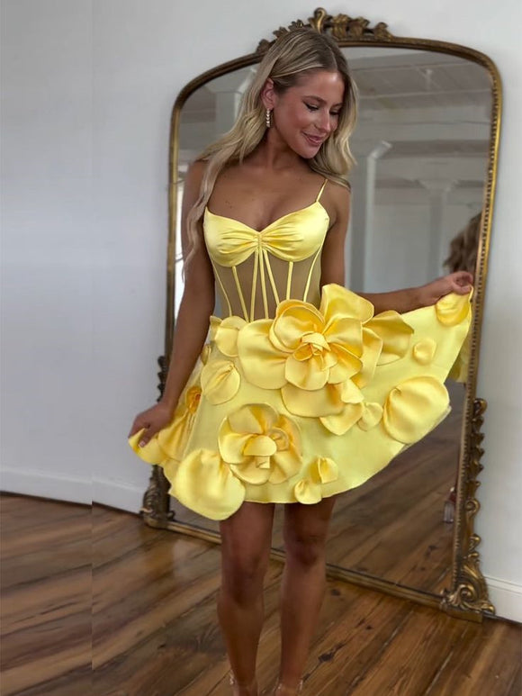Short Yellow Floral Junior Mini Homecoming Dress #EWR569|Selinadress