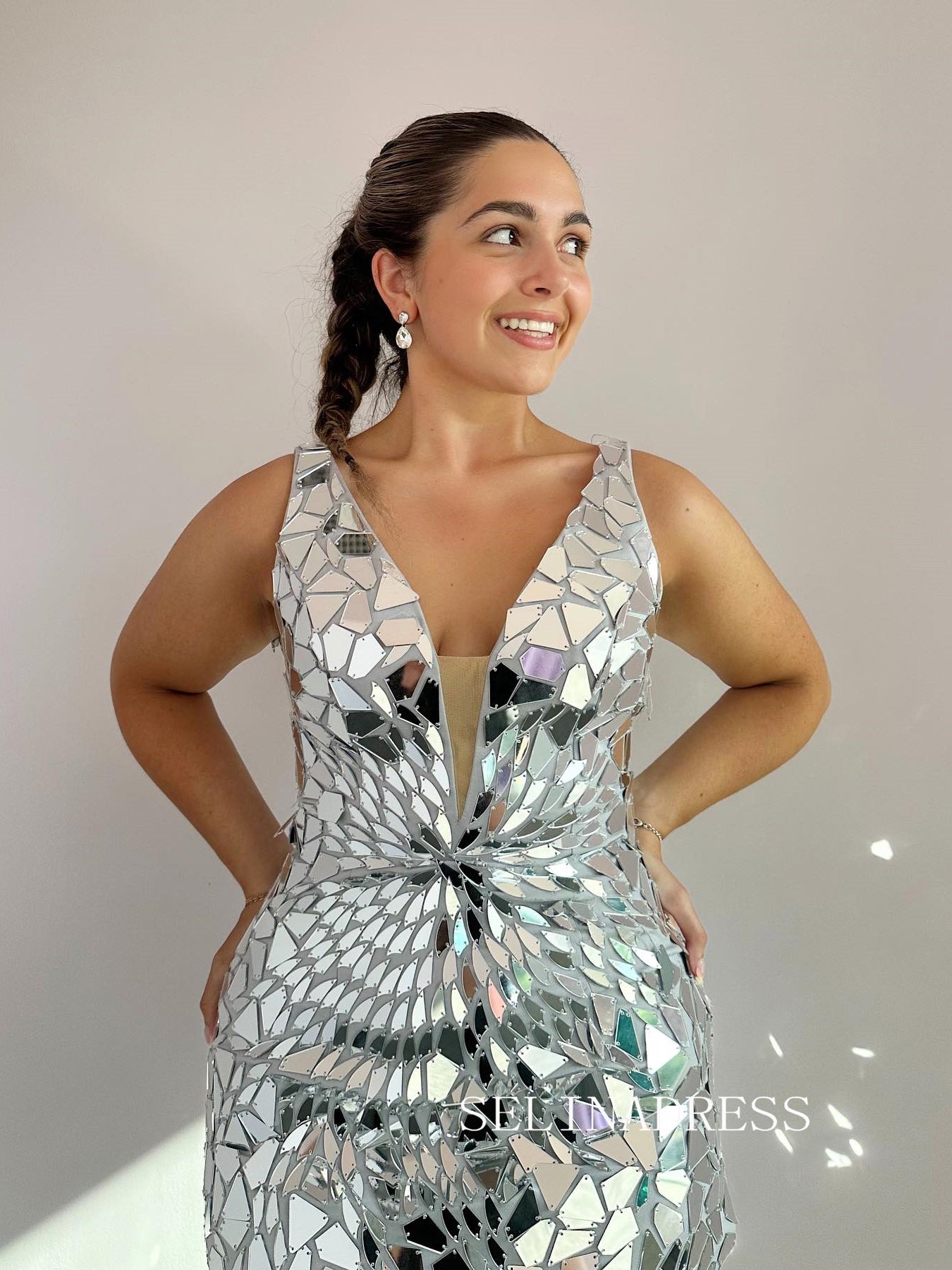 Silver V neck Strapless Glass Mirror Tight Homecoming Dresses Sequin Hoco Dress Cocktail Dress #TKL1919|Selinadress