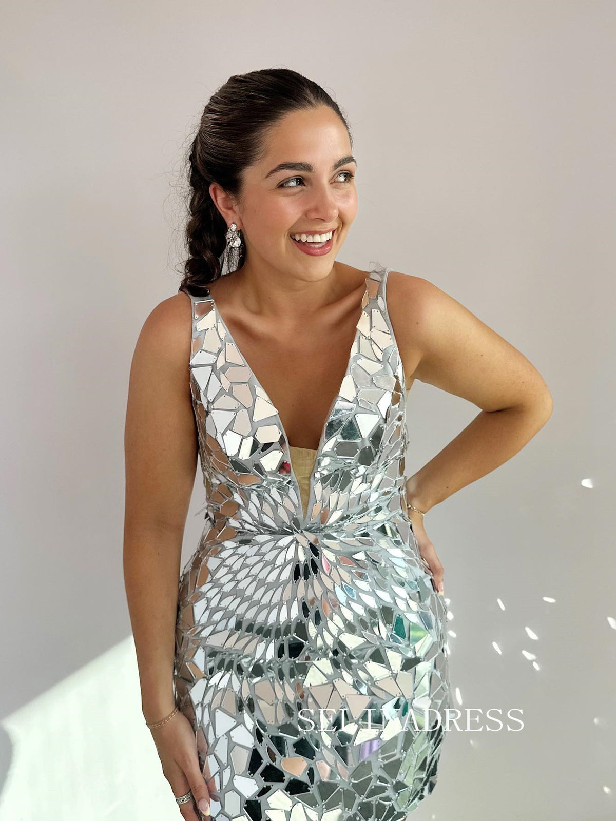 Silver V neck Strapless Glass Mirror Tight Homecoming Dresses Sequin Hoco Dress Cocktail Dress #TKL1919|Selinadress