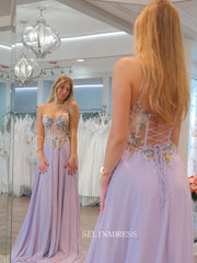 Spaghetti Straps A-line Embroidery Floral Lilac Long Prom Dress sew1018|Selinadress