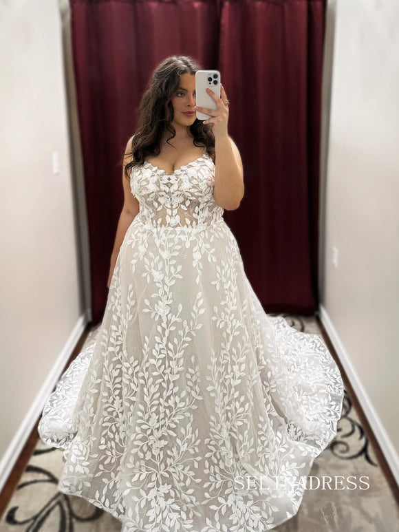 Spaghetti Straps A-line White 3D Lace Applique Wedding Dress EWR397|Selinadress