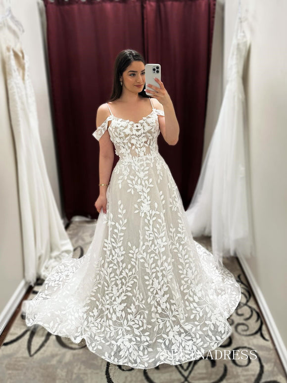 Spaghetti Straps A-line White Lace Wedding Dress EWR396|Selinadress
