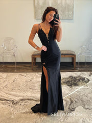 Spaghetti Straps Black Mermaid Beaded Long Prom Dress With Slit lpk924|Selinadress