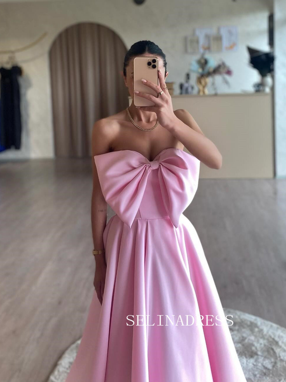 Pink Strapless Long Prom Dress With Bow Cheap Satin Ball Gown Formal Gowns SEW1255|Selinadress