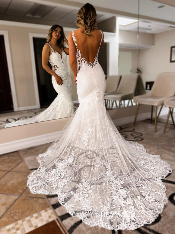 Spaghetti Straps Mermaid White Lace Wedding Dress EWR392|Selinadress