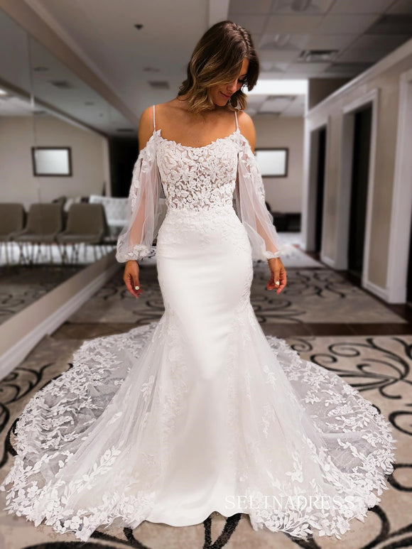 Spaghetti Straps Mermaid White Lace Wedding Dress With Long Sleeve EWR395|Selinadress