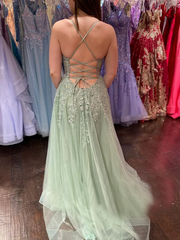 Spaghetti Straps Mint Green Long Prom Dress With Slit Appliqued Evening Dress sew1037|Selinadress