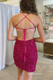 Spaghetti Straps Sequins Homecoming Dresses Hot Pink Hoco Dress #EWR561|Selinadress