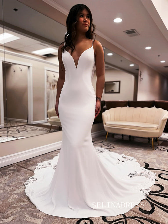 Spaghetti Straps White Satin Mermaid Wedding Dress With Lace Train EWR385|Selinadress