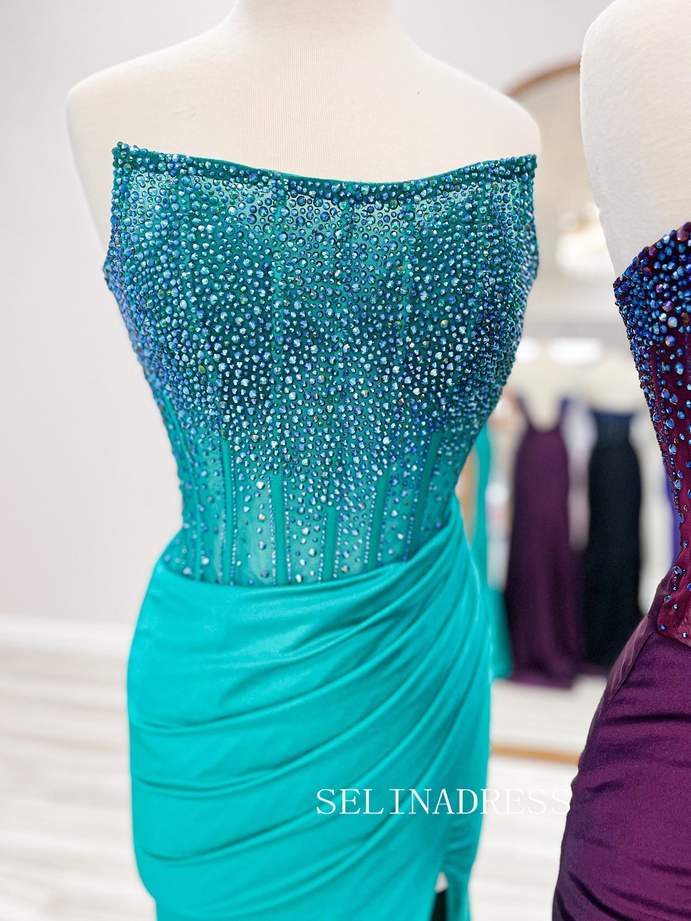 Strapless Beaded Mermaid Hot Diamond Stamping Prom Dress with Slit SER600|Selinadress