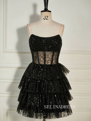 Strapless Black Sequins Multi-Layers Short Homecoming Dress SEA005|Selinadress