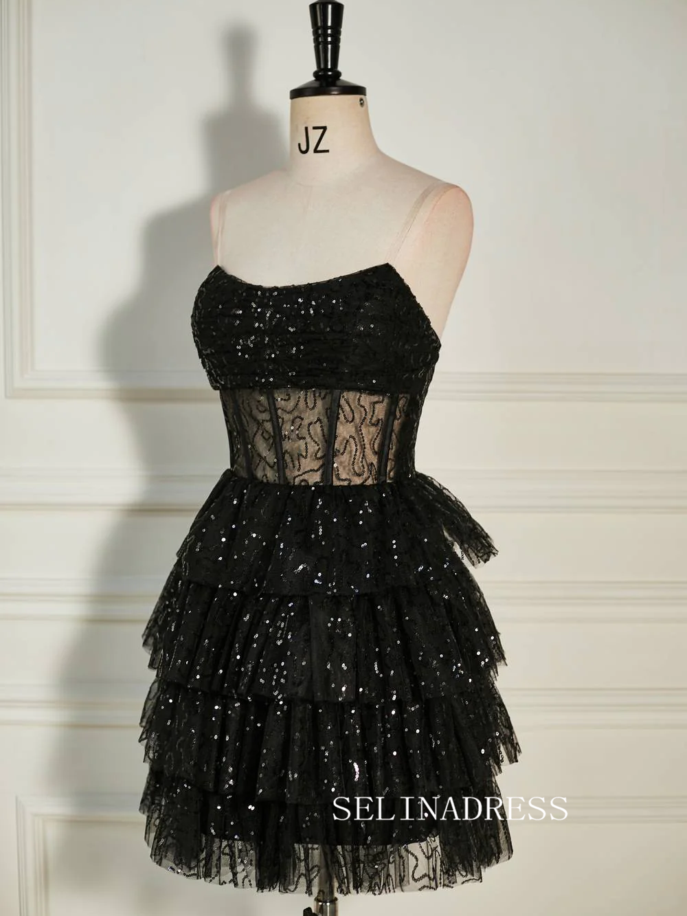 Strapless Black Sequins Multi-Layers Short Homecoming Dress SEA005|Selinadress