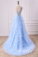 Strapless Floral  Light Blue Layers A-line Long Prom Dress with Slit lps027|Selinadress