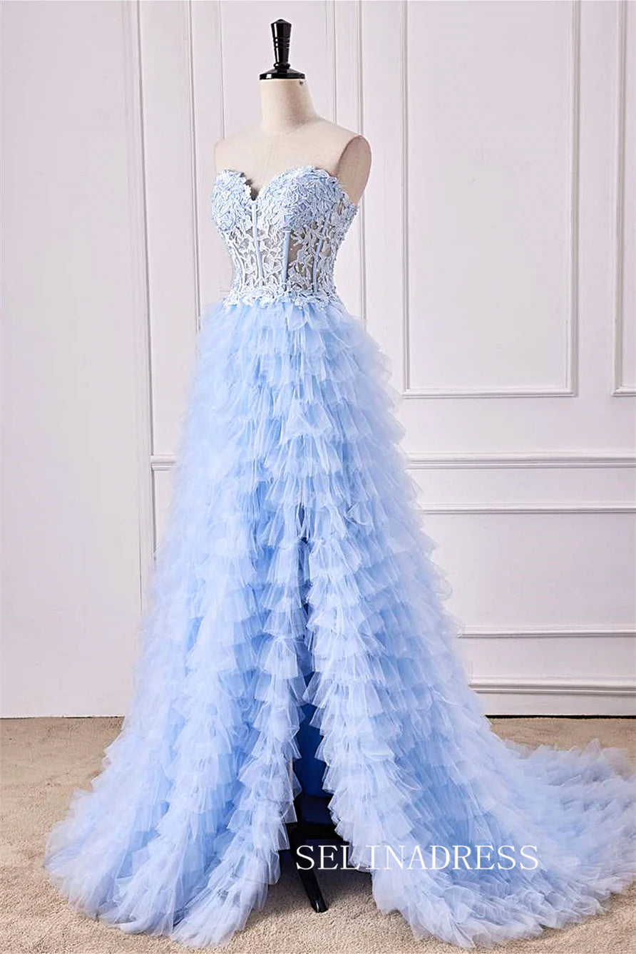 Strapless Floral  Light Blue Layers A-line Long Prom Dress with Slit lps027|Selinadress