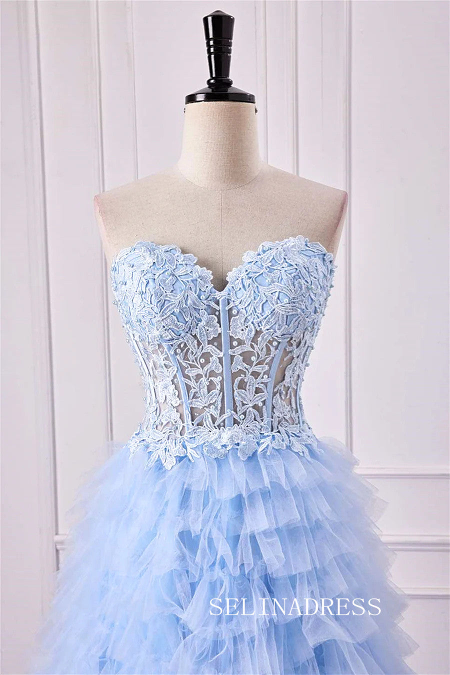 Strapless Floral  Light Blue Layers A-line Long Prom Dress with Slit lps027|Selinadress