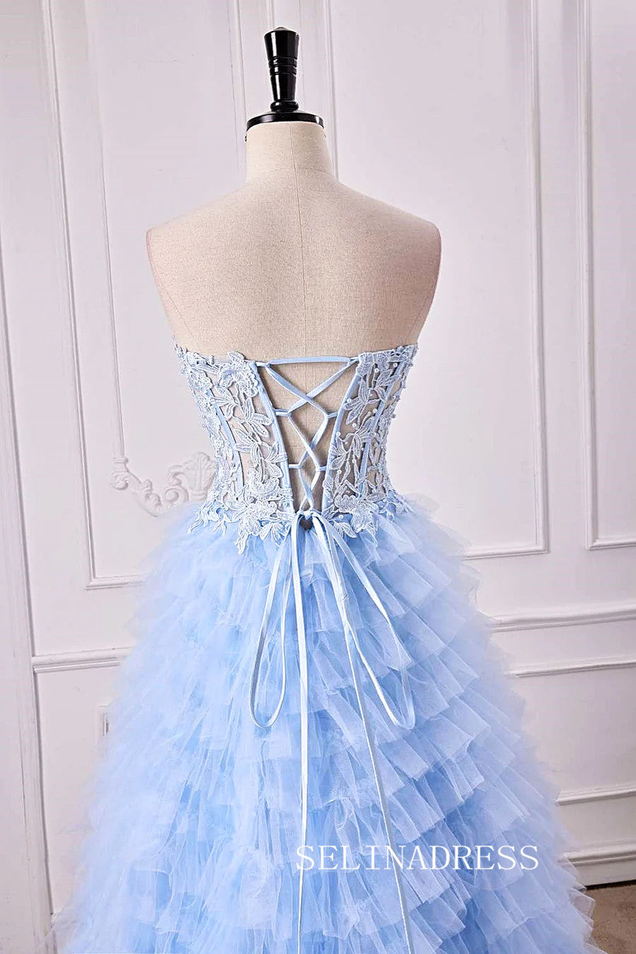 Strapless Floral  Light Blue Layers A-line Long Prom Dress with Slit lps027|Selinadress