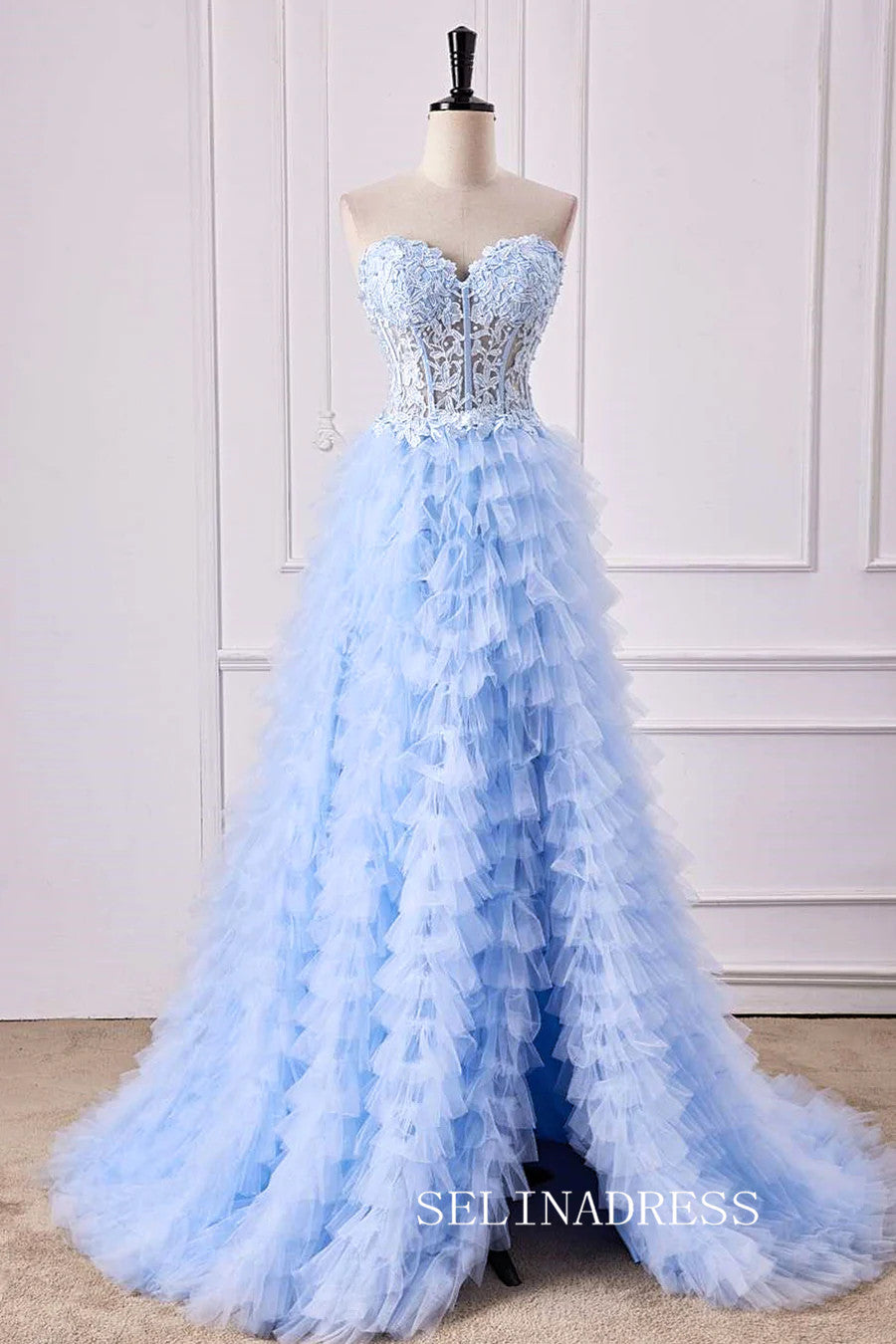 Strapless Floral  Light Blue Layers A-line Long Prom Dress with Slit lps027|Selinadress