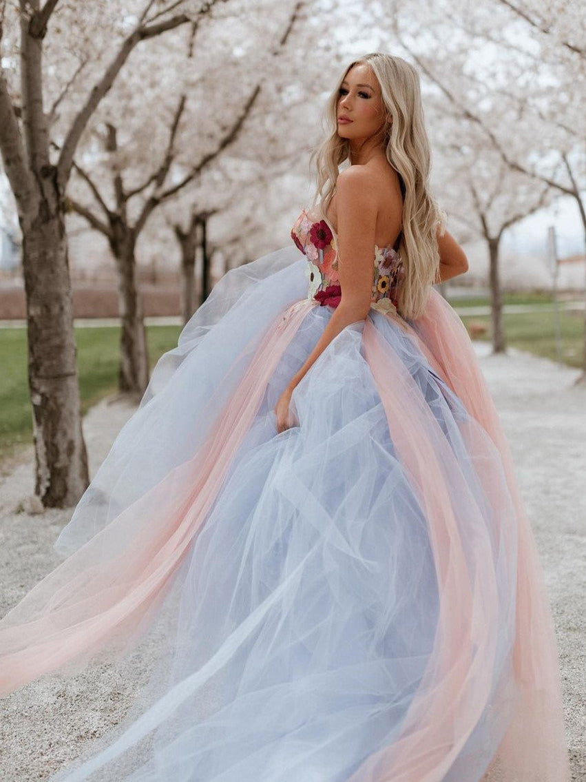 Strapless Floral Wedding Dress Blue Pink Bicolor Tulle Wedding Gown SELINADRESS