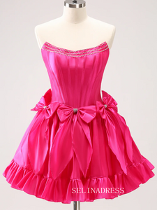 Strapless Hot Pink Homecoming Dresses Cute Bowknot Hoco Dress #TKL2346|Selinadress