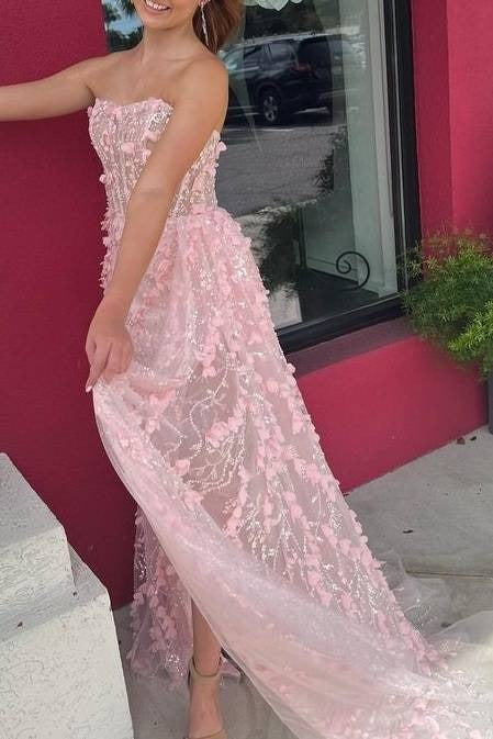 Strapless Pink Slit Mermaid Prom Dress with 3D Floral SEW1313|Selinadress