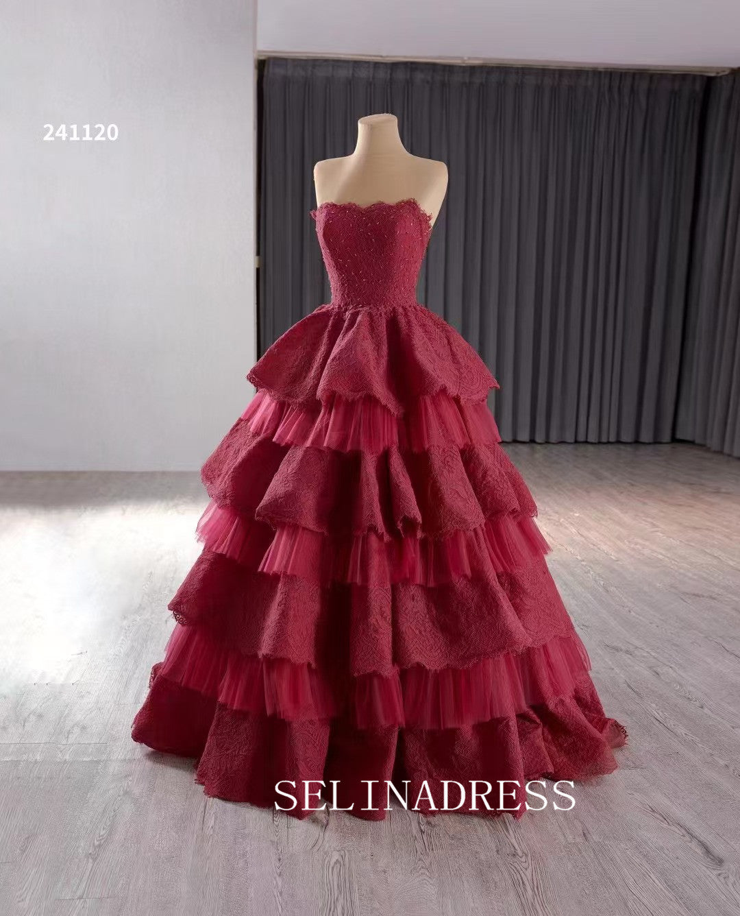 Strapless Red Lace Ball Gown Quinceanera Dress Tiered Layerd Wedding Dress 241120|Selinadress