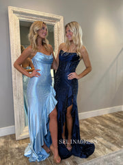 Strapless Sky Blue Hot Stones Long Prom Dress With Ruffles Slit Evening Dresss SER810|Selinadress