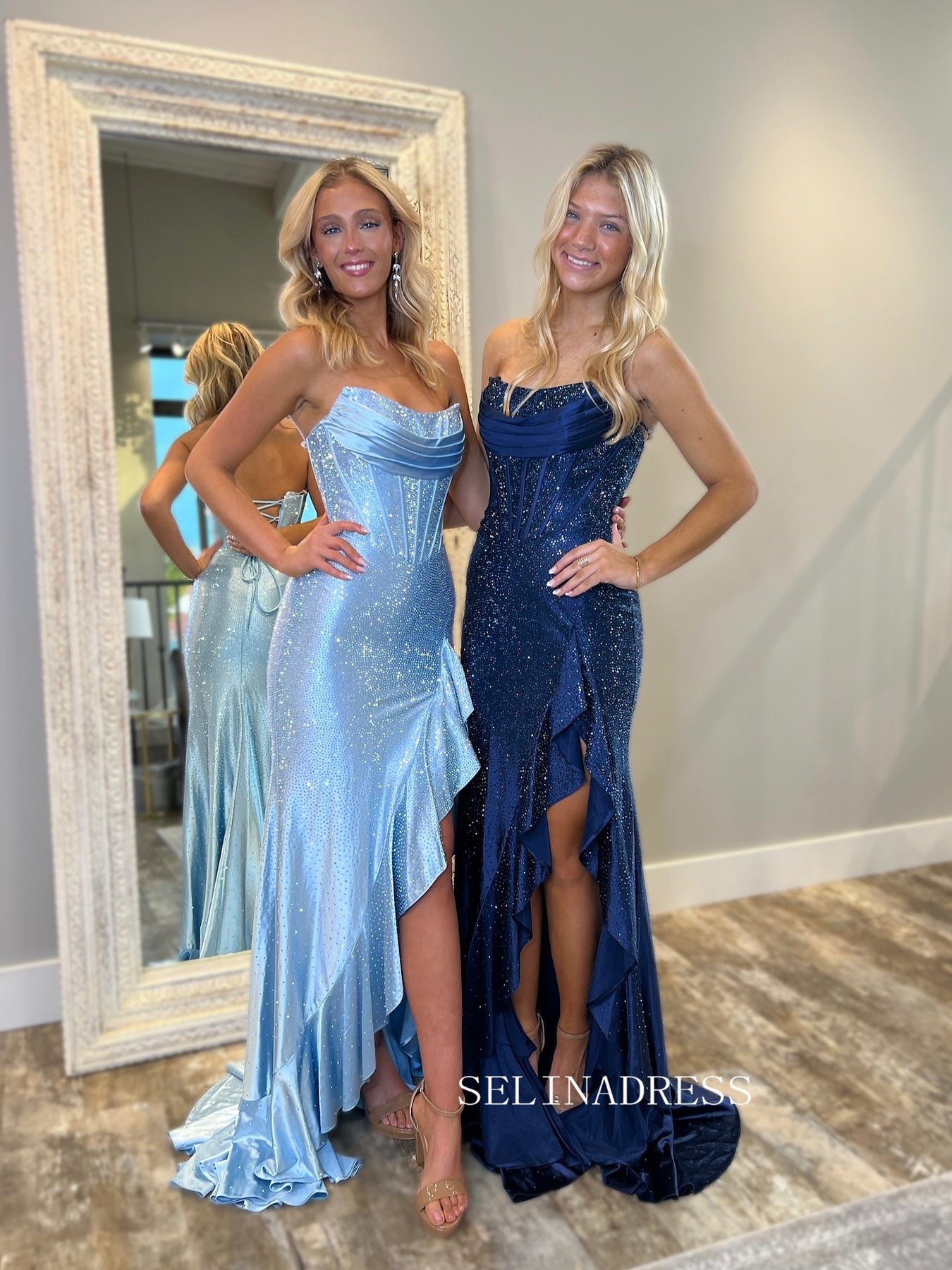 Strapless Sky Blue Hot Stones Long Prom Dress With Ruffles Slit Evening Dresss SER810|Selinadress