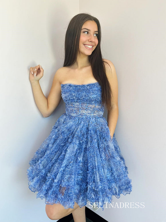 Strapless Tulle Blue Short Junior Homecoming Dress #EWR701|Selinadress