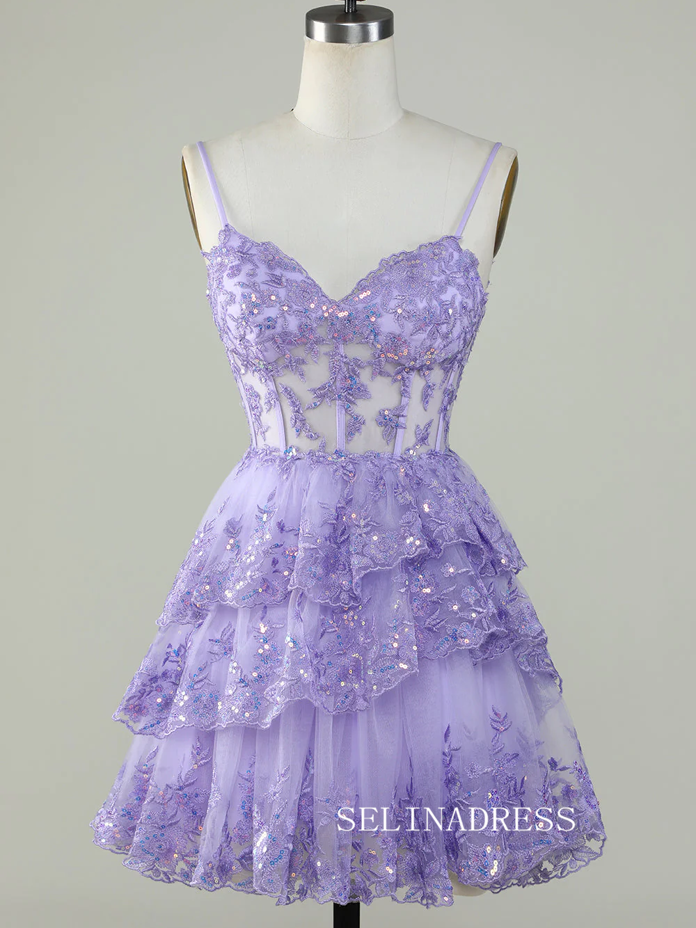 Straps Sequins Corset Layered Lavender Homecoming Dress Short Party Dress SEA002|Selinadress