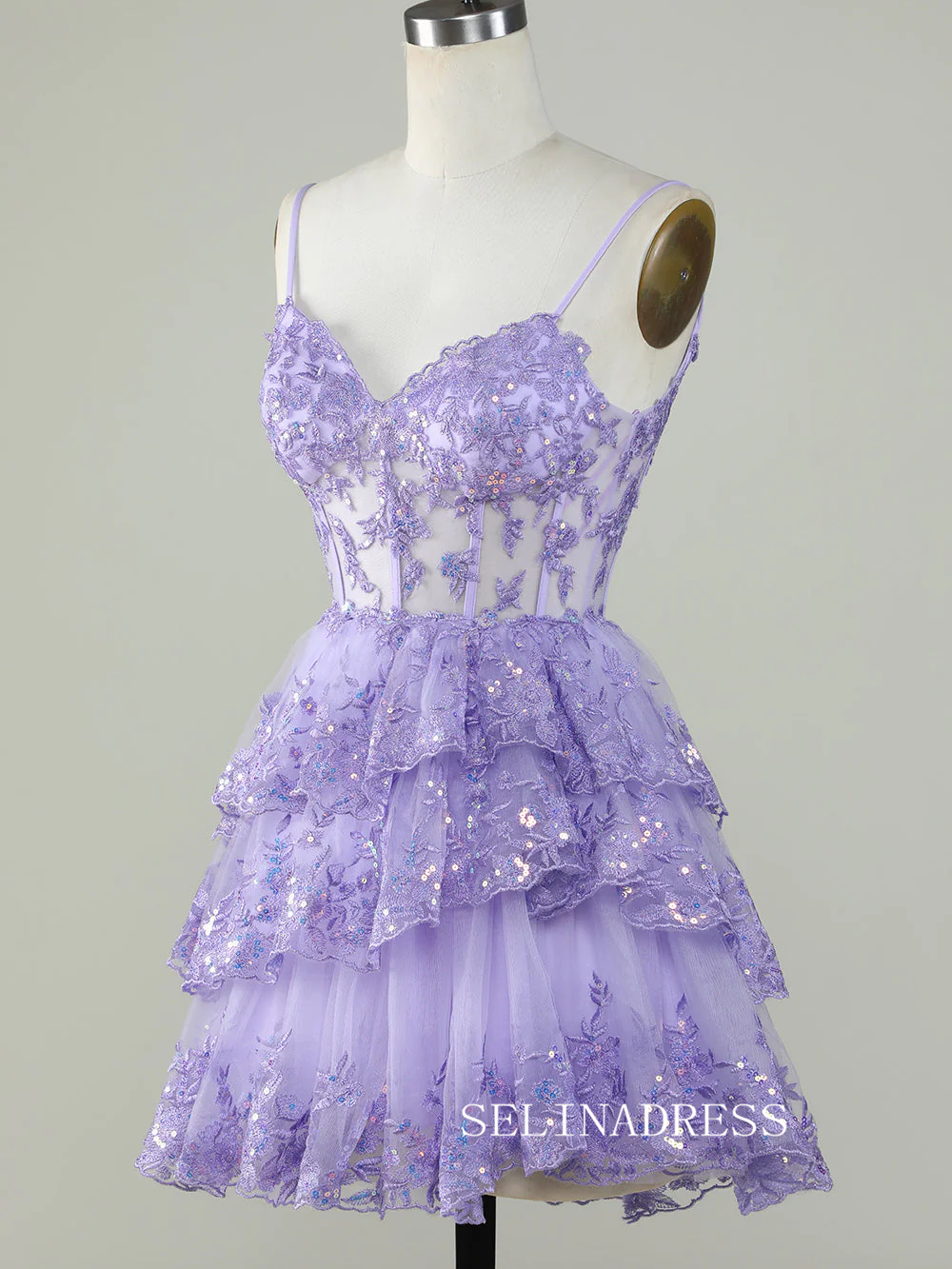 Straps Sequins Corset Layered Lavender Homecoming Dress Short Party Dress SEA002|Selinadress