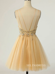 Straps Yellow Beaded Tulle Short Homecoming Dress SEA012|Selinadress