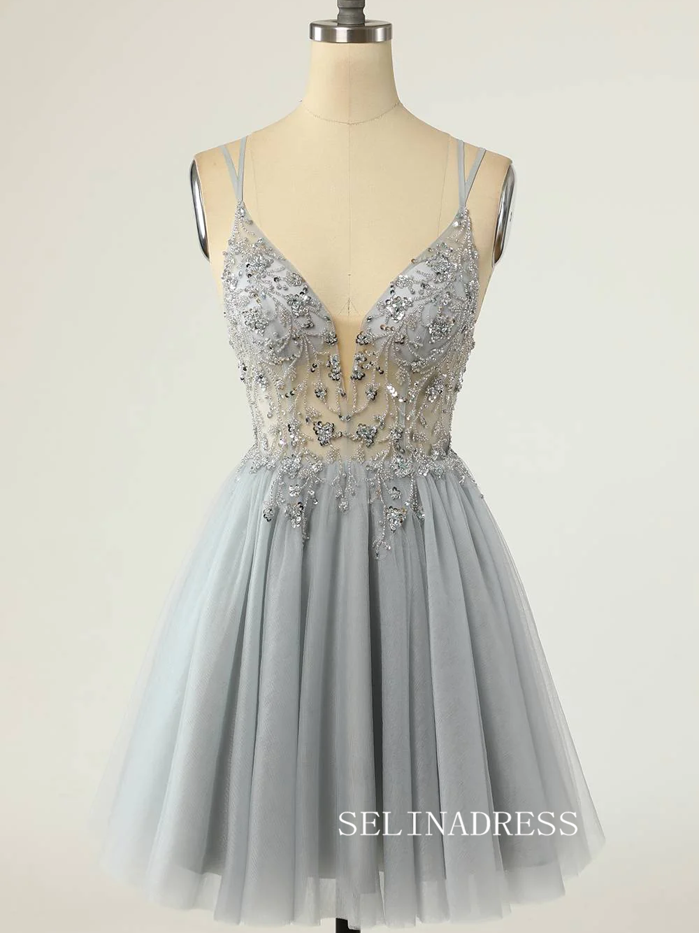 Straps Yellow Beaded Tulle Short Homecoming Dress SEA012|Selinadress