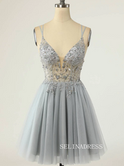 Straps Yellow Beaded Tulle Short Homecoming Dress SEA012|Selinadress