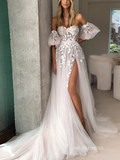 Sweetheart Applique White Wedding Dresses With Puff Sleeve Elegant Wedding Gowns EWR817|Selinadress