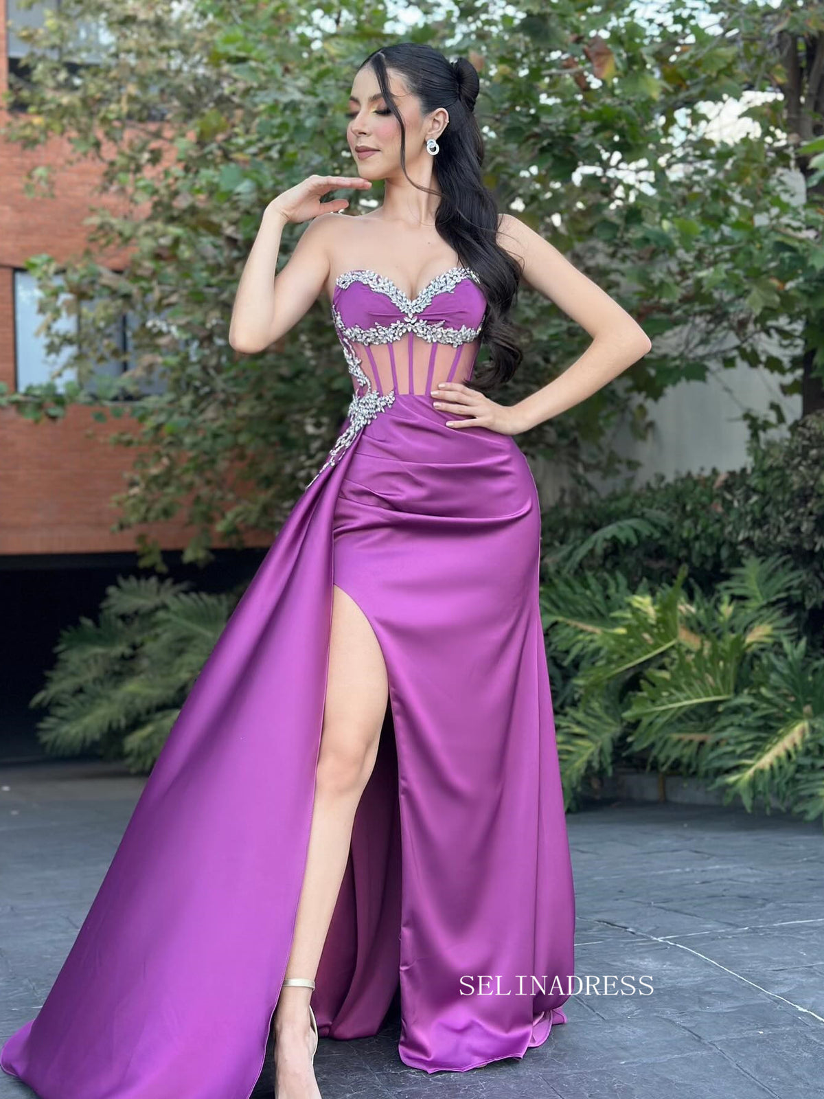 Sweetheart Beaded Cheap Long Prom Dress With Slit SEW12013|Selinadress