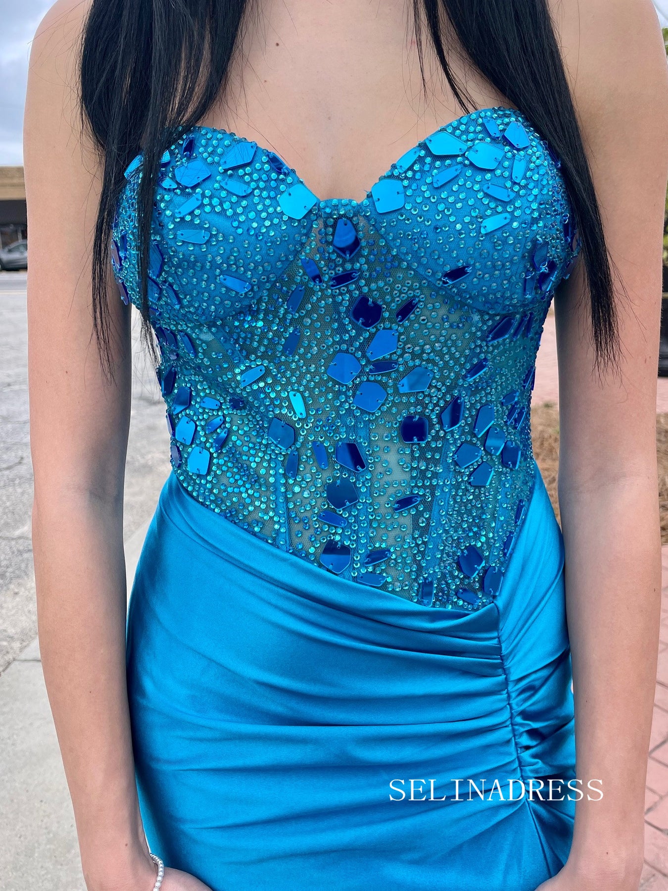 Sweetheart Blue Beaded Mermaid Prom Dress Evening Dress SER638|Selinadress