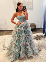 Sweetheart Blue Floral Ball Gown Evening Dress Long Prom Dress sew0612|Selinadress