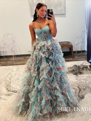 Sweetheart Blue Floral Ball Gown Evening Dress Long Prom Dress sew0612|Selinadress