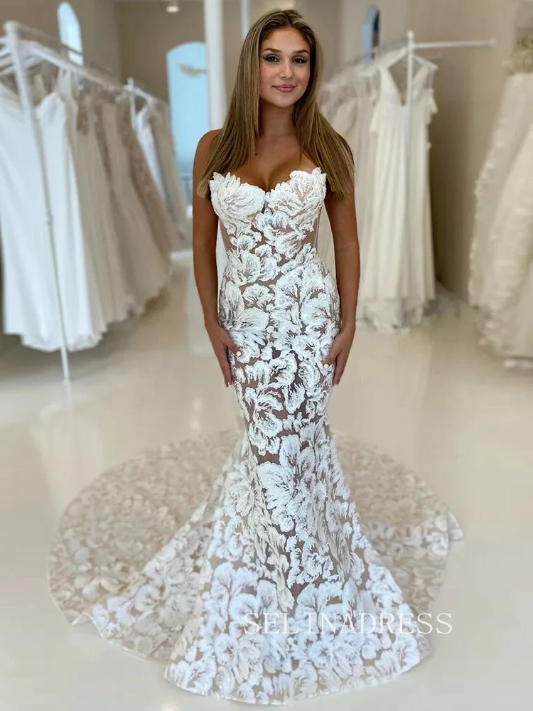 Sweetheart Floral Lace Wedding Dress Boho Mermaid Wedding Dress # SER001|Selinadress