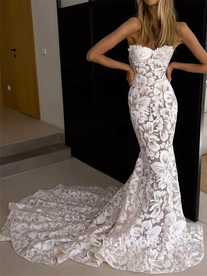 Sweetheart Floral Lace Wedding Dress Boho Mermaid Wedding Dress # SER001|Selinadress