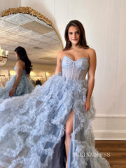 Sweetheart Gray Blue Tiered Tulle Ball Gown Long Princess Dress With Slit SEW1154|Selinadress