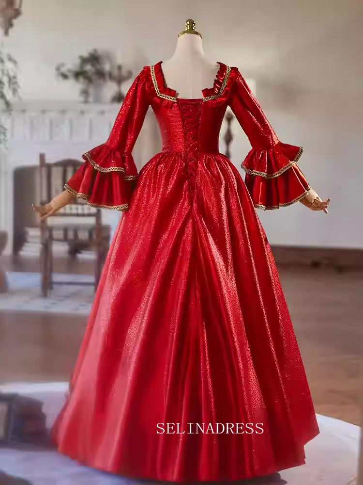 Vintage Red Long Sleeve Prom Dress Beautiful Evening Dress Princess Dresses TKL3060|Selinadress