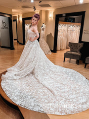 White Ball Gown Strapless Rustic Lace Wedding Dress Bridal Gowns With Big Train TKL3043