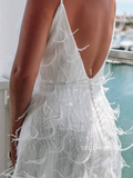 White Deep V neck Plus Size Wedding Dresses Feather Bridal Dresses EWR901|Selinadress