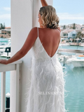 White Deep V neck Plus Size Wedding Dresses Feather Bridal Dresses EWR901|Selinadress