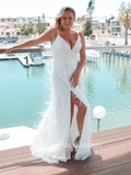 White Deep V neck Plus Size Wedding Dresses Feather Bridal Dresses EWR901|Selinadress