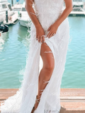 White Deep V neck Plus Size Wedding Dresses Feather Bridal Dresses EWR901|Selinadress