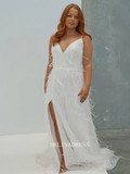 White Deep V neck Plus Size Wedding Dresses Feather Bridal Dresses EWR901|Selinadress